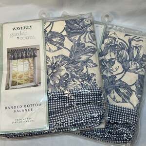 Vintage 2001 Waverly Floral Garden Toile Checks Blue Cream Valance Set of 2